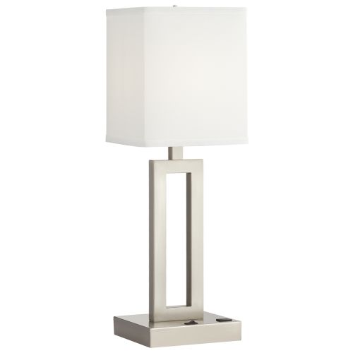 Desk Lamp, 24"H, 1 Outlet, 2 USBs, Brushed Nickel w/ White Shantung Linen Shade